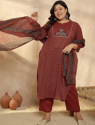 Plus Size Motifs Printed Regular Pure Cotton Kurta with Trousers & With Dupatta 6