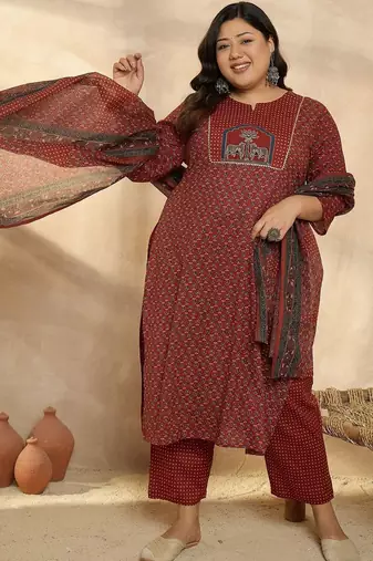 Plus Size Motifs Printed Regular Pure Cotton Kurta with Trousers & With Dupatta