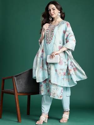 Floral Embroidered Linen Kurta with Trousers & With Dupatta 1