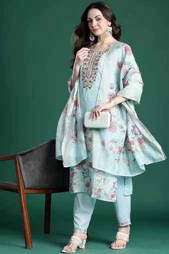 Floral Embroidered Linen Kurta with Trousers & With Dupatta
