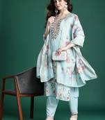 Floral Embroidered Linen Kurta with Trousers & With Dupatta