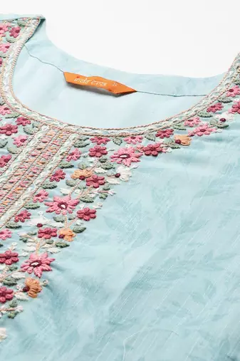 Floral Embroidered Linen Kurta with Trousers & With Dupatta