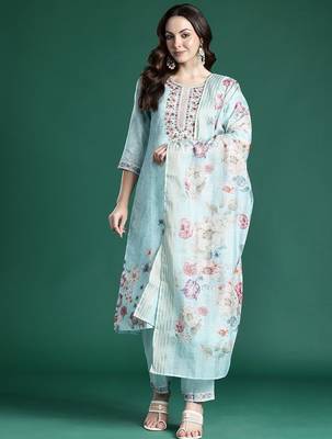 Floral Embroidered Linen Kurta with Trousers & With Dupatta 5