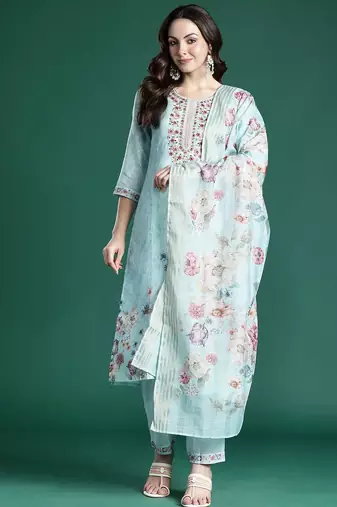 Floral Embroidered Linen Kurta with Trousers & With Dupatta