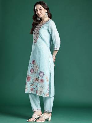 Floral Embroidered Linen Kurta with Trousers & With Dupatta 6