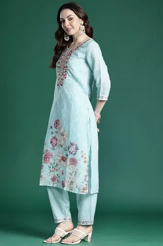 Floral Embroidered Linen Kurta with Trousers & With Dupatta