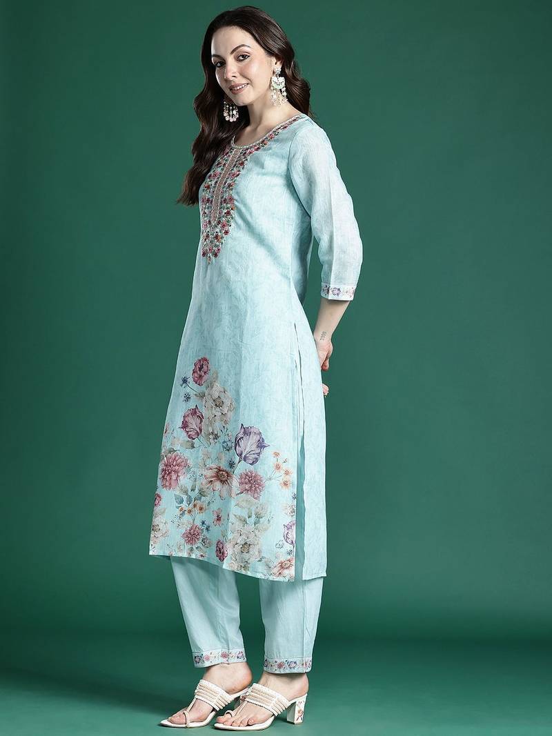 Floral Embroidered Linen Kurta with Trousers & With Dupatta