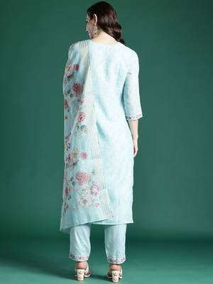 Floral Embroidered Linen Kurta with Trousers & With Dupatta 7
