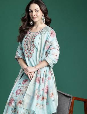 Floral Embroidered Linen Kurta with Trousers & With Dupatta 8