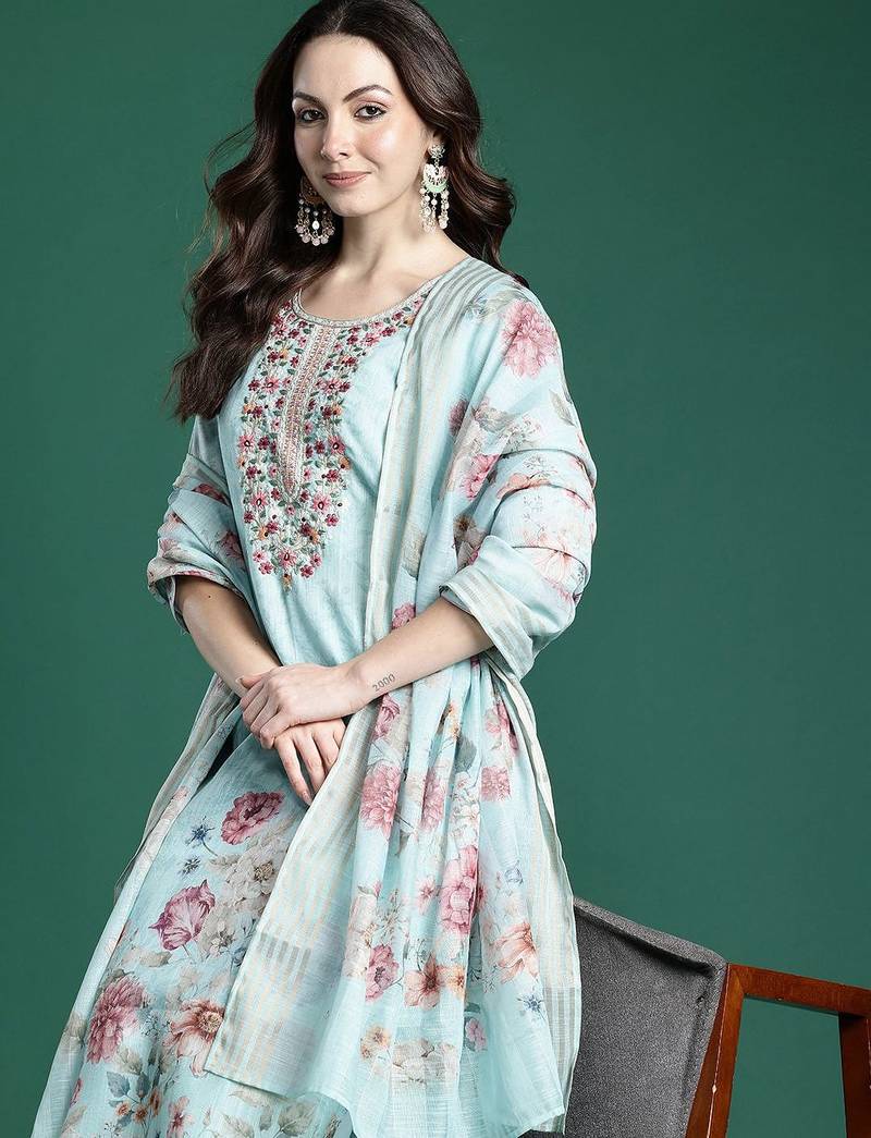 Floral Embroidered Linen Kurta with Trousers & With Dupatta