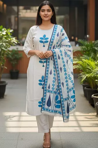 Women Ethnic Motifs Printed Regular Thread Work Pure Cotton Kurta with Trousers & With Dupatta