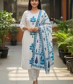 Women Ethnic Motifs Printed Regular Thread Work Pure Cotton Kurta with Trousers & With Dupatta