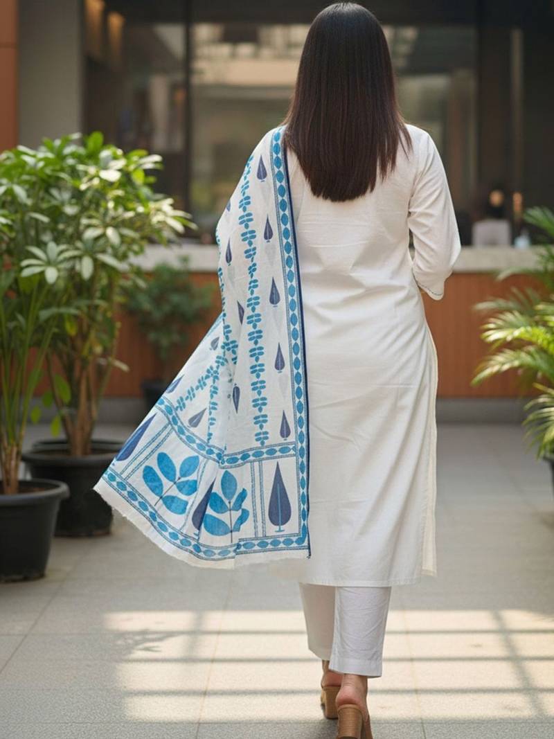 Women Ethnic Motifs Printed Regular Thread Work Pure Cotton Kurta with Trousers & With Dupatta