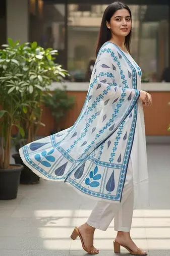 Women Ethnic Motifs Printed Regular Thread Work Pure Cotton Kurta with Trousers & With Dupatta