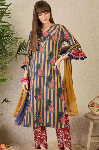 Women Printed Regular Pure Cotton Kurta with Trousers & With Dupatta