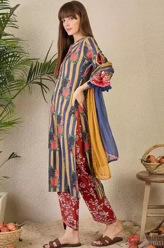 Women Printed Regular Pure Cotton Kurta with Trousers & With Dupatta