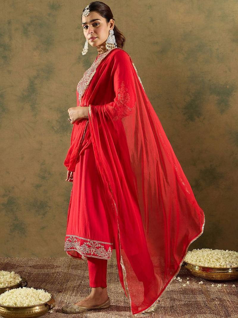 Paisley Zari Embroidered Kurta with Trousers & With Dupatta