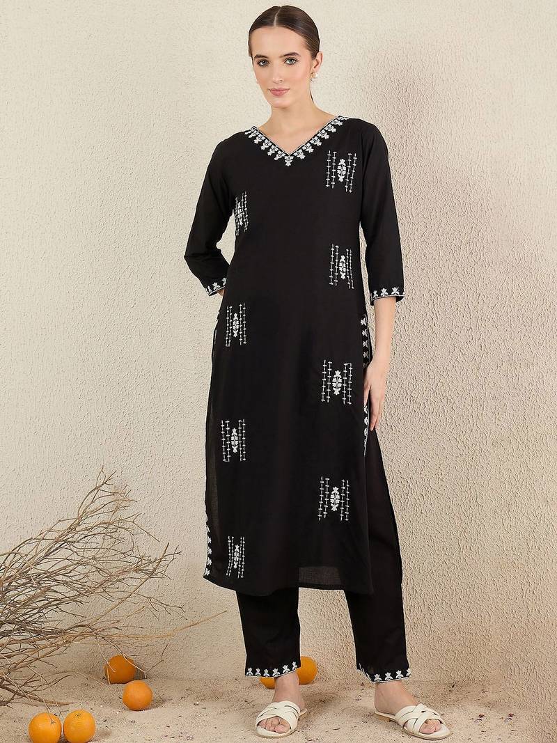 Women Floral Embroidered Cotton Kurta with Trousers & Dupatta