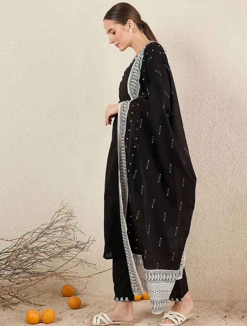 Women Floral Embroidered Cotton Kurta with Trousers & Dupatta
