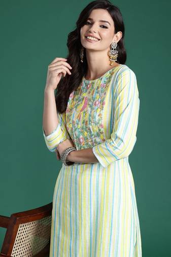 Women Striped Regular Thread Work Pure Cotton Kurta with Trousers
