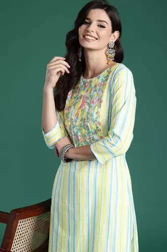 Women Striped Regular Thread Work Pure Cotton Kurta with Trousers