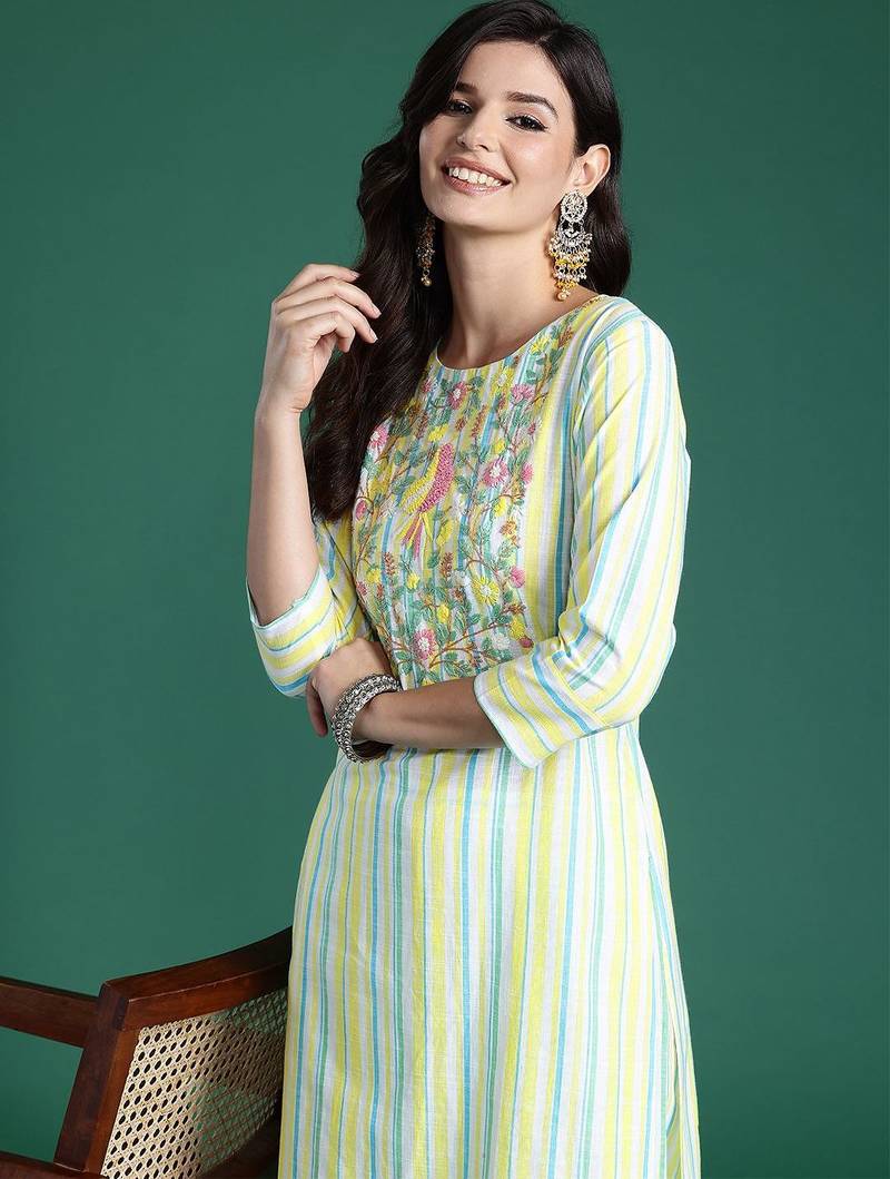 Women Striped Regular Thread Work Pure Cotton Kurta with Trousers
