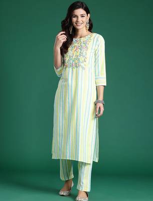 Women Striped Regular Thread Work Pure Cotton Kurta with Trousers 4