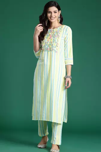 Women Striped Regular Thread Work Pure Cotton Kurta with Trousers