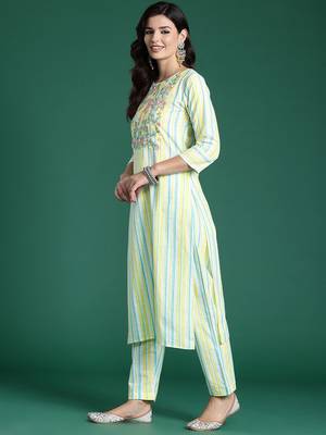 Women Striped Regular Thread Work Pure Cotton Kurta with Trousers 5