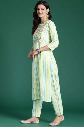 Women Striped Regular Thread Work Pure Cotton Kurta with Trousers