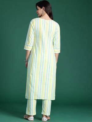 Women Striped Regular Thread Work Pure Cotton Kurta with Trousers 6