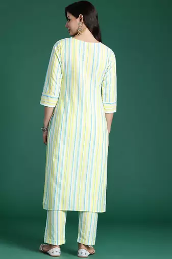 Women Striped Regular Thread Work Pure Cotton Kurta with Trousers