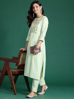 Women Striped Regular Thread Work Pure Cotton Kurta with Trousers 7