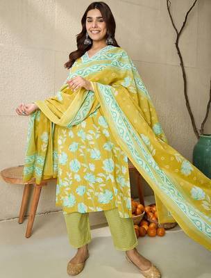 Floral Printed V-Neck Pure Cotton Straight Kurta With Trousers And Dupatta 2