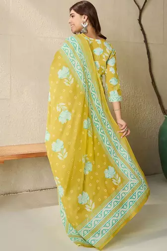 Floral Printed V-Neck Pure Cotton Straight Kurta With Trousers And Dupatta