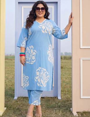 Plus Size Blue Printed Straight Kurta Trousers Set 1