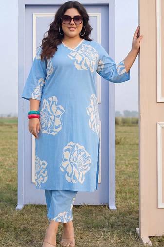 Plus Size Blue Printed Straight Kurta Trousers Set