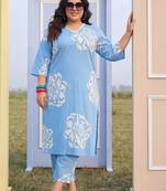 Plus Size Blue Printed Straight Kurta Trousers Set