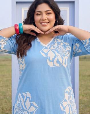 Plus Size Blue Printed Straight Kurta Trousers Set 2