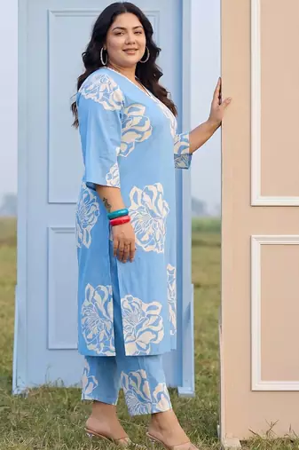 Plus Size Blue Printed Straight Kurta Trousers Set
