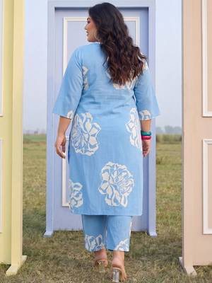 Plus Size Blue Printed Straight Kurta Trousers Set 4