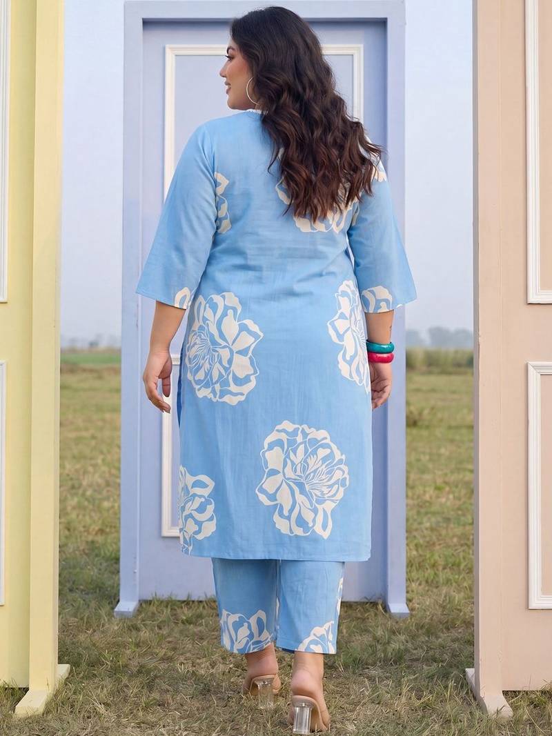 Plus Size Blue Printed Straight Kurta Trousers Set