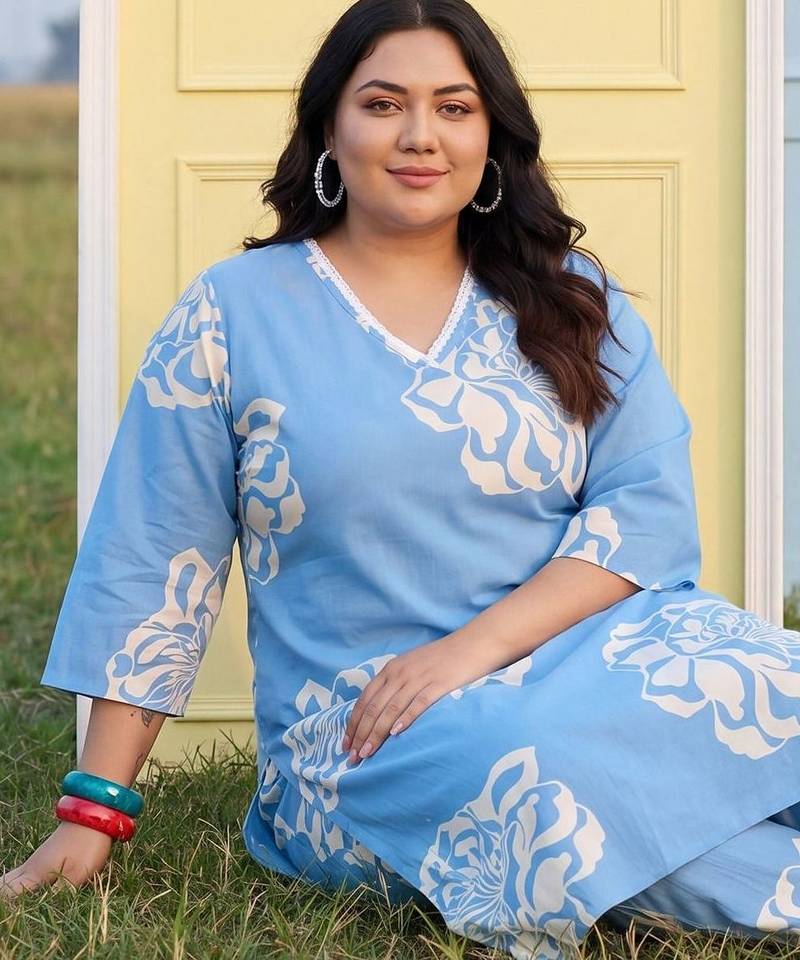 Plus Size Blue Printed Straight Kurta Trousers Set
