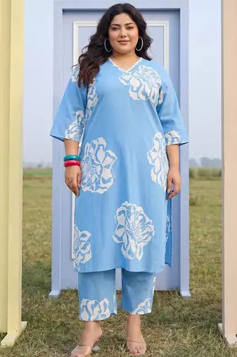 Plus Size Blue Printed Straight Kurta Trousers Set