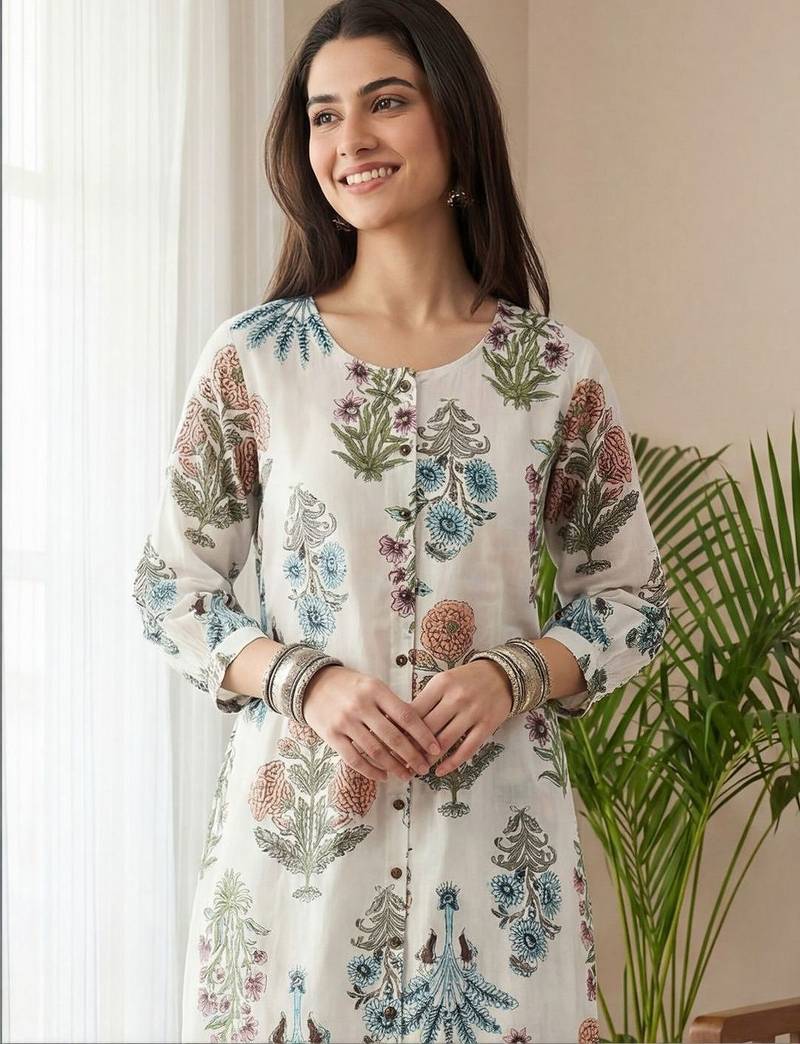 Women Floral Printed Regular Pure Cotton Kurta with Trousers