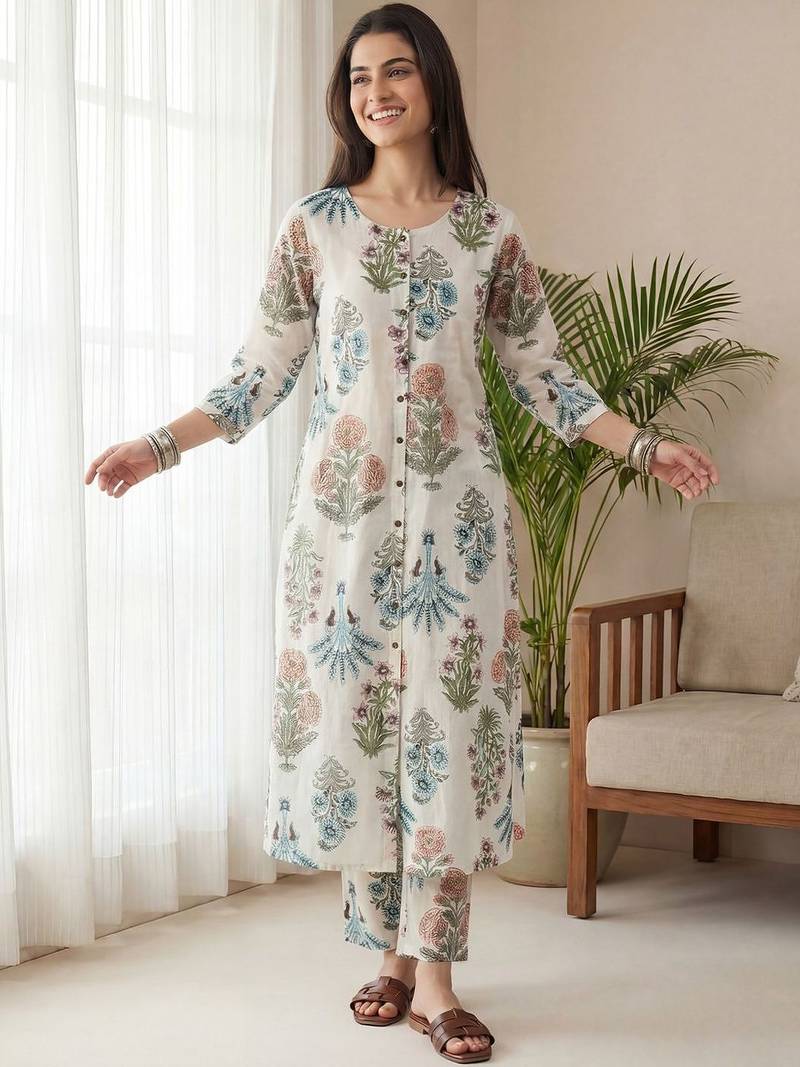 Women Floral Printed Regular Pure Cotton Kurta with Trousers