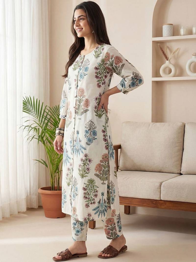 Women Floral Printed Regular Pure Cotton Kurta with Trousers