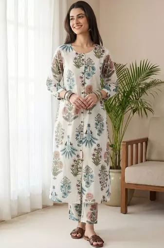 Women Floral Printed Regular Pure Cotton Kurta with Trousers