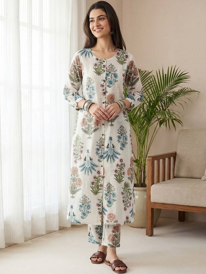 Women Floral Printed Regular Pure Cotton Kurta with Trousers