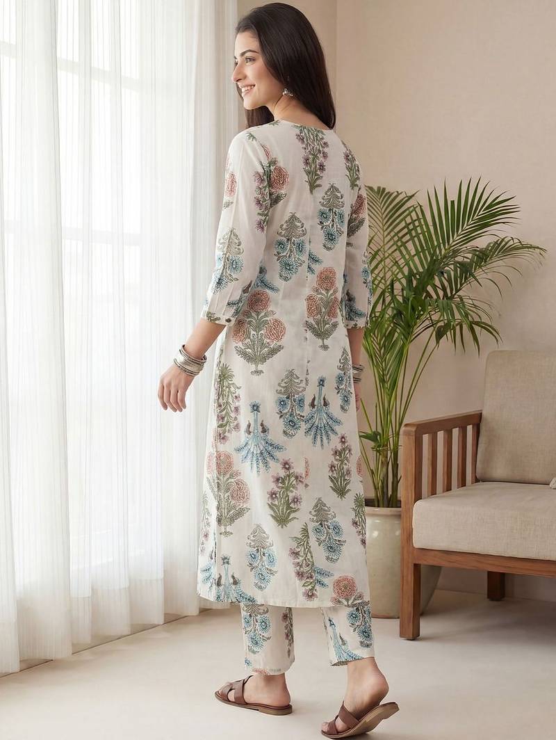 Women Floral Printed Regular Pure Cotton Kurta with Trousers